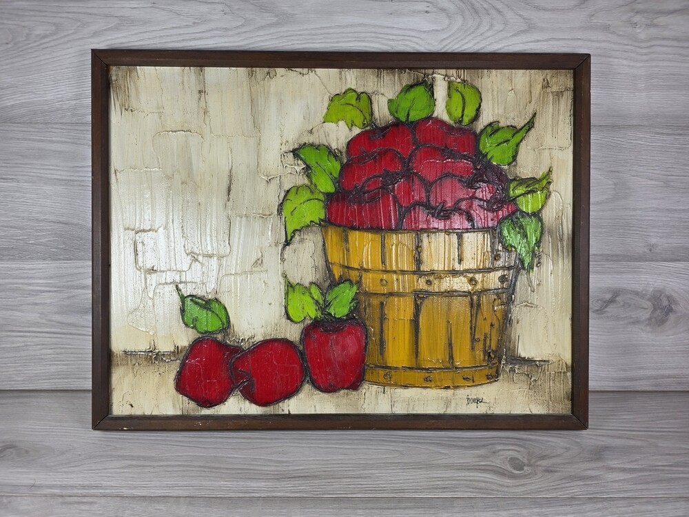 Artist Original Signed Textured 25x19 Still Life Painting of Apples in Basket SU